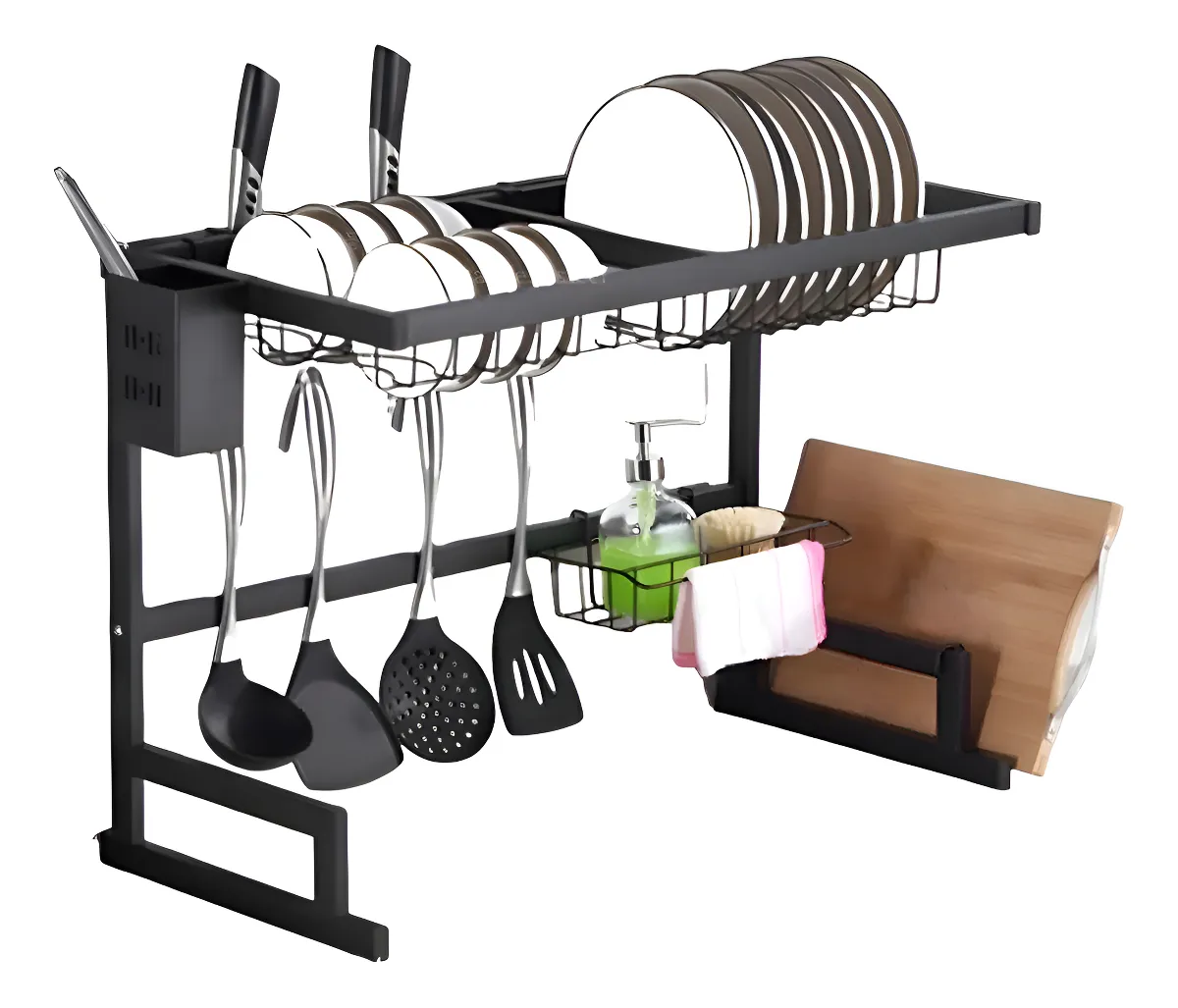 Escurridor de platos negro mate con estantes superiores, ganchos para utensilios y soporte para toallas y jabón.