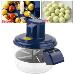 Pelador eléctrico inalámbrico azul con tapa transparente y cuchillas internas; incluye antes y después mostrando frutas peladas uniformemente.