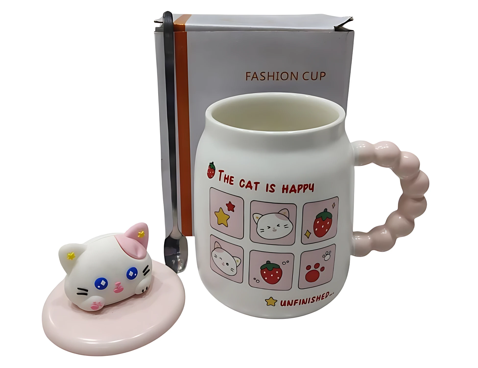 Taza blanca con diseño de gatito y fresas, tapa 3D en forma de cabeza de gato rosa y mango texturizado. Incluye cuchara y caja.