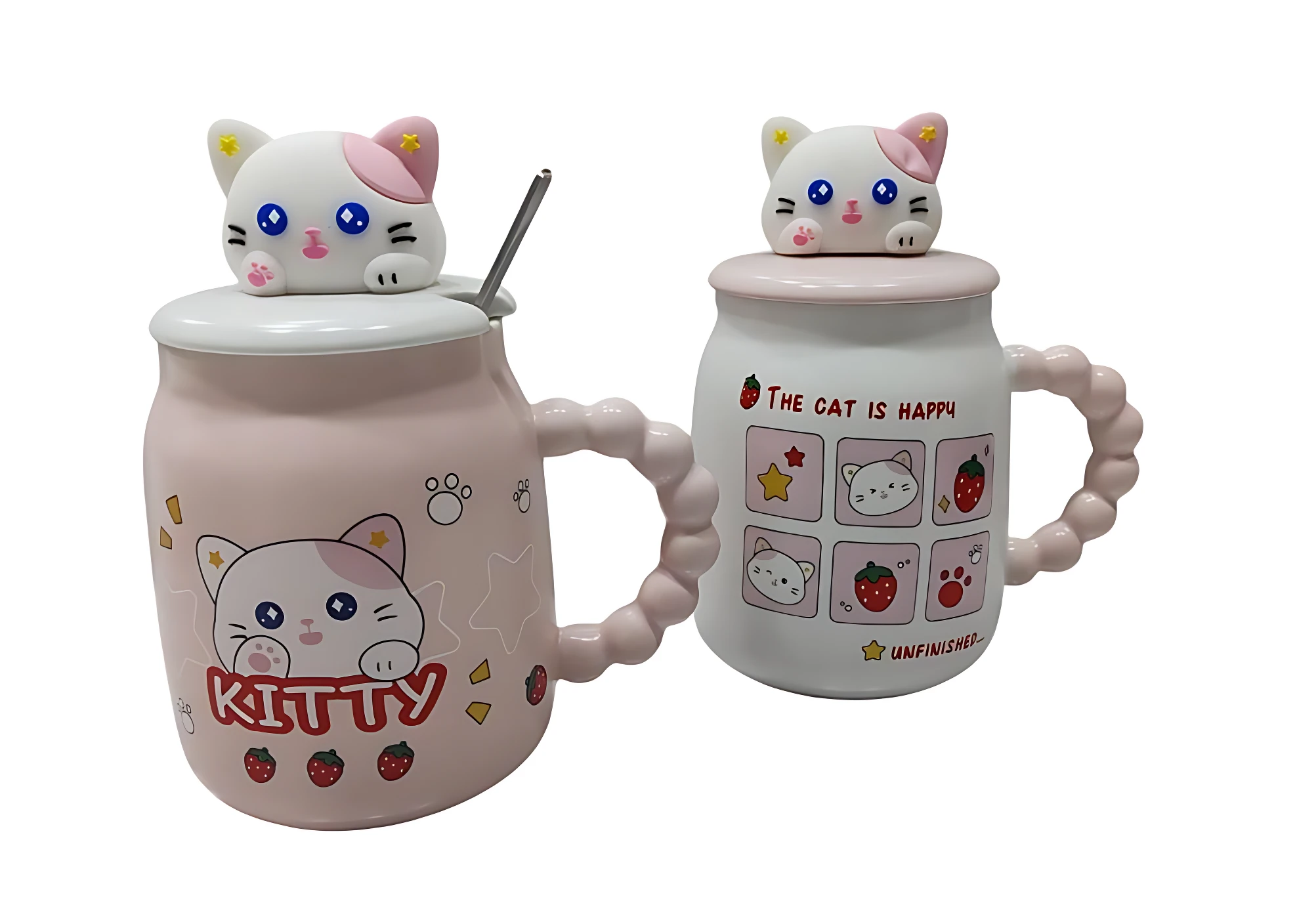 Taza mug rosa con gatito 3D en tapa, diseño de fresas y texto KITTY. Incluye mango ergonómico y cuchara. Disponible en dos tonos: rosa claro y blanco.