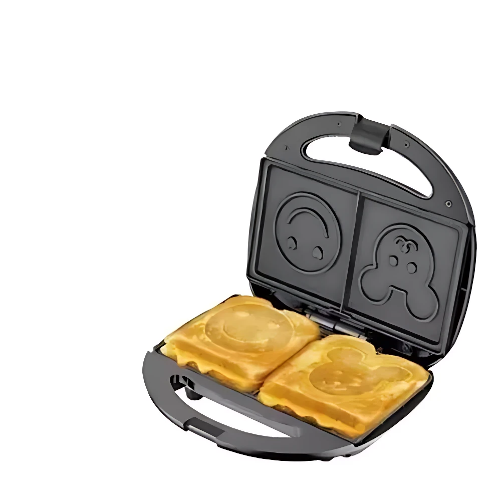 Waflera Sokany negra abierta mostrando dos waffles dorados con moldes de Mickey Mouse y Minnie Mouse.