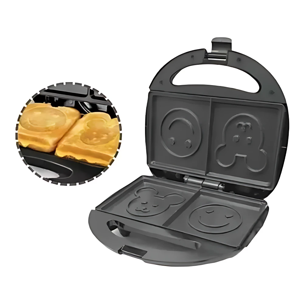 Waflera Sokany negra con moldes de Mickey y Minnie Mouse, mostrando waffles dorados en primer plano.